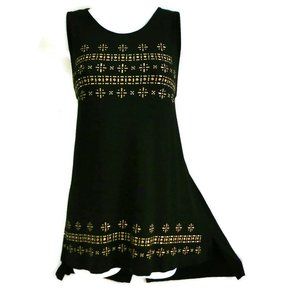 Vince Camuto Tunic Black Top Goldtone Studs Hi Lo Slit Stretchy Silky Soft S